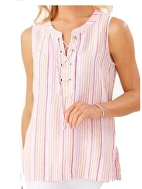 NWOT Tommy Bahama women’s LINEN Pinks Peach striped Lace-Up sleeveless top tank